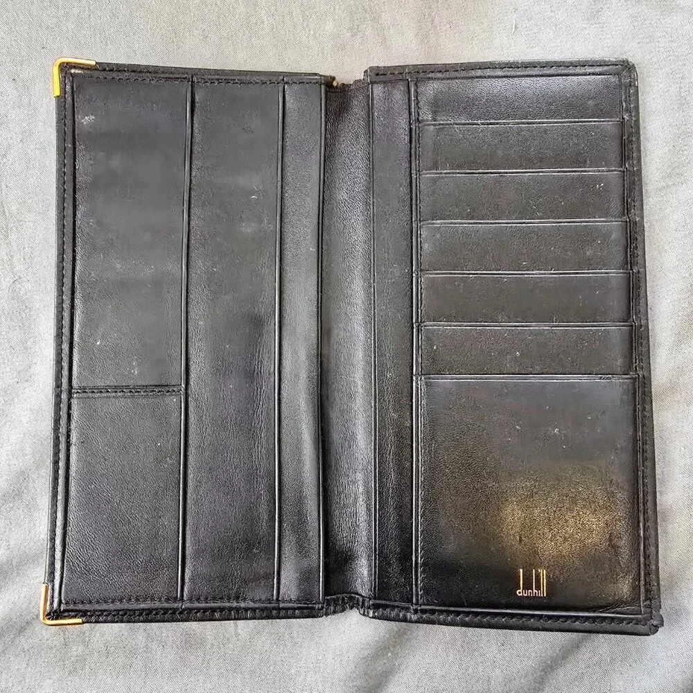 Vintage Dunhill Black Leather Bifold Wallet with Gold Accents